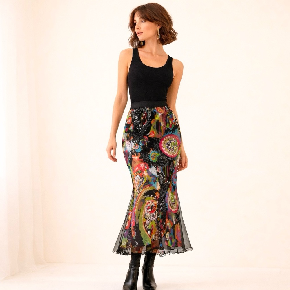 Chacok Y2K Mesh Overlay Maxi Skirt Avant Garde Graphic Print Mermaid Statement M